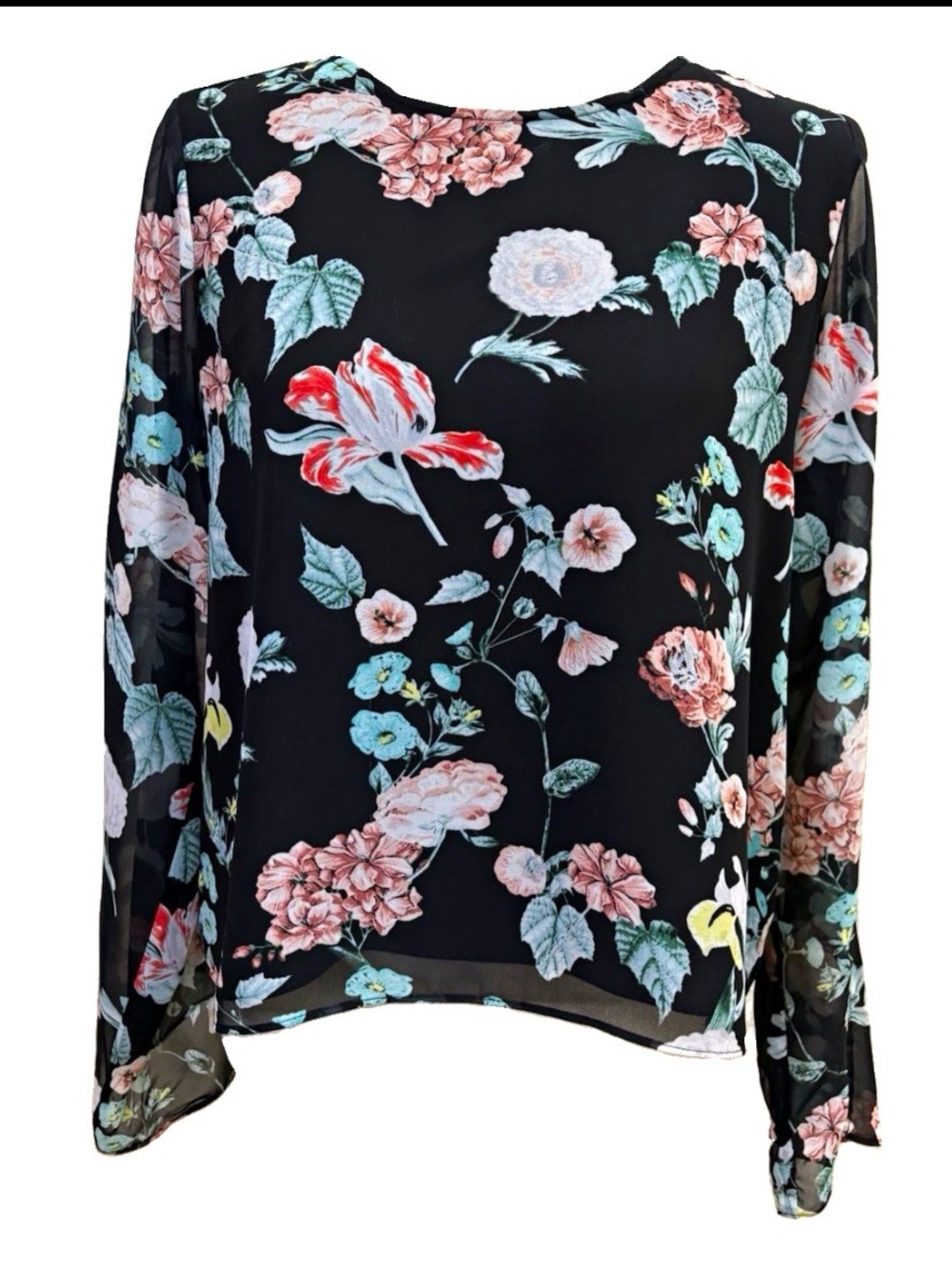 Vince Camuto Black Floral Blouse Lined with Sheer Long-Sleeves